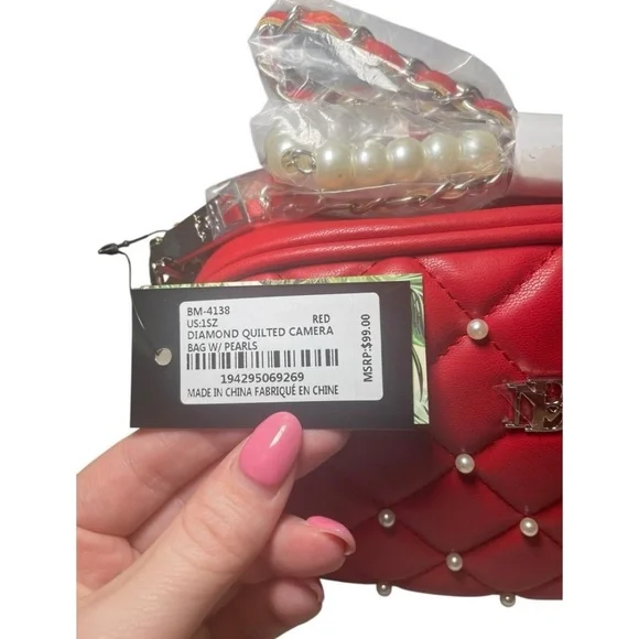 NWT Badgley Mischka Diamond Quilted Camera Bag w/ Pearls - Picture 4 of 7